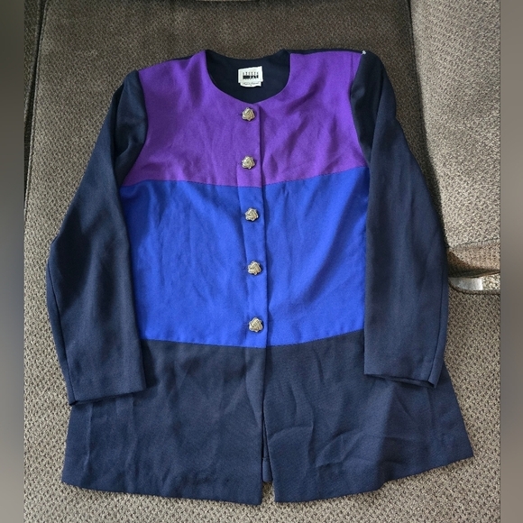 Vintage Leslie Fay Jacket Women 16 Color Block Padded 5Button Embroidered Career - Picture 3 of 14